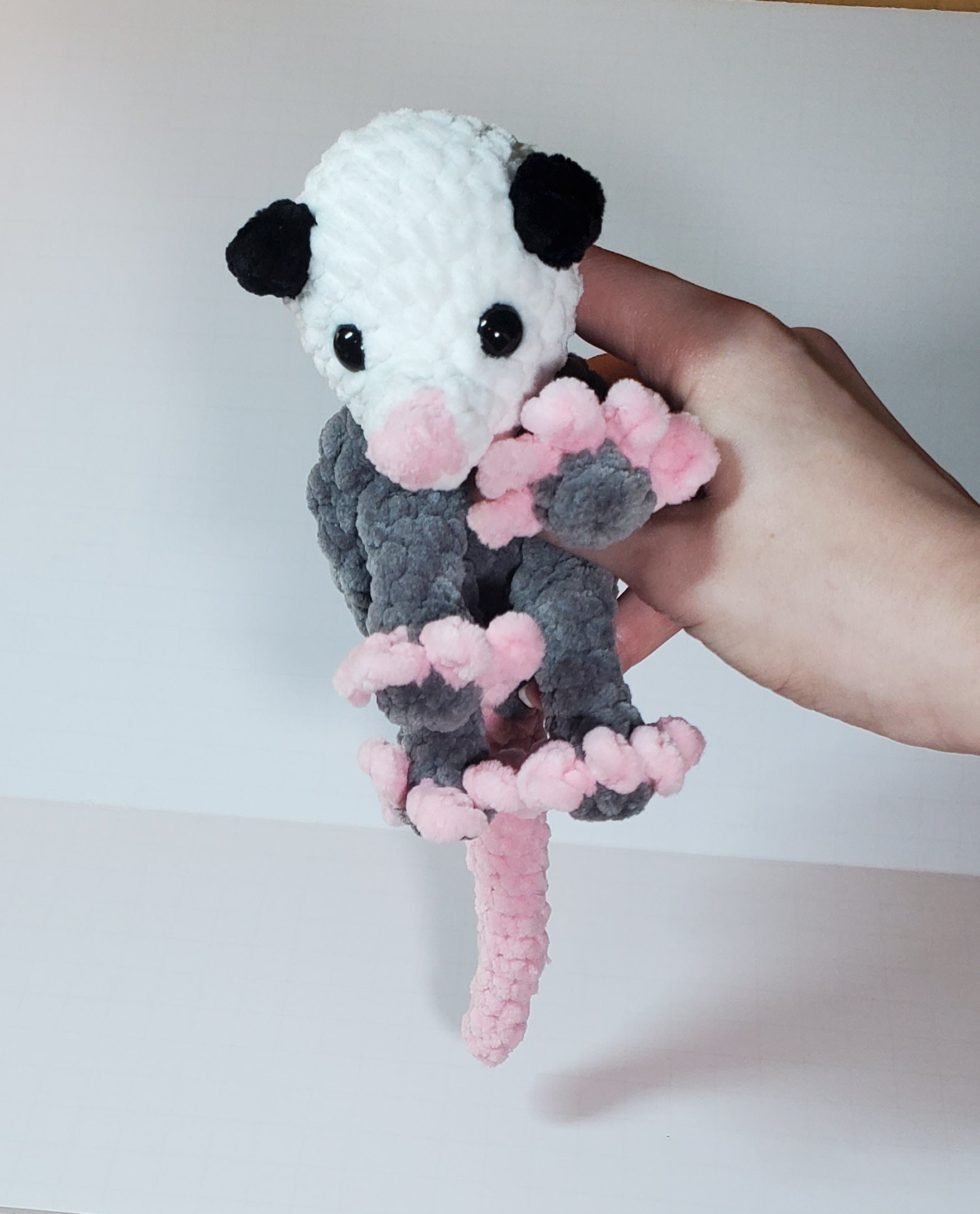 Handmade Crochet Opossum Snuggler: Soft Crochet Plushie, Polyester Chenille Yarn