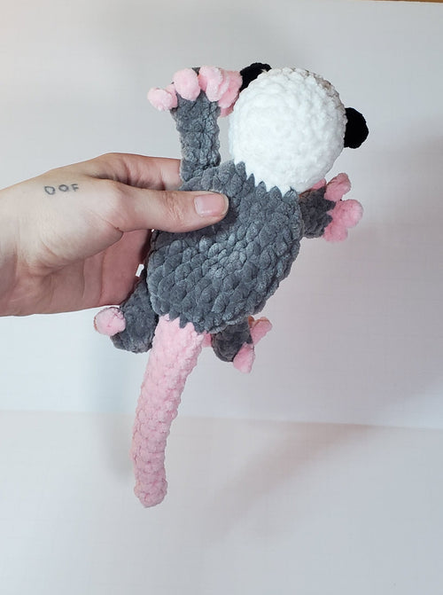 Handmade Crochet Opossum Snuggler: Soft Crochet Plushie, Polyester Chenille Yarn