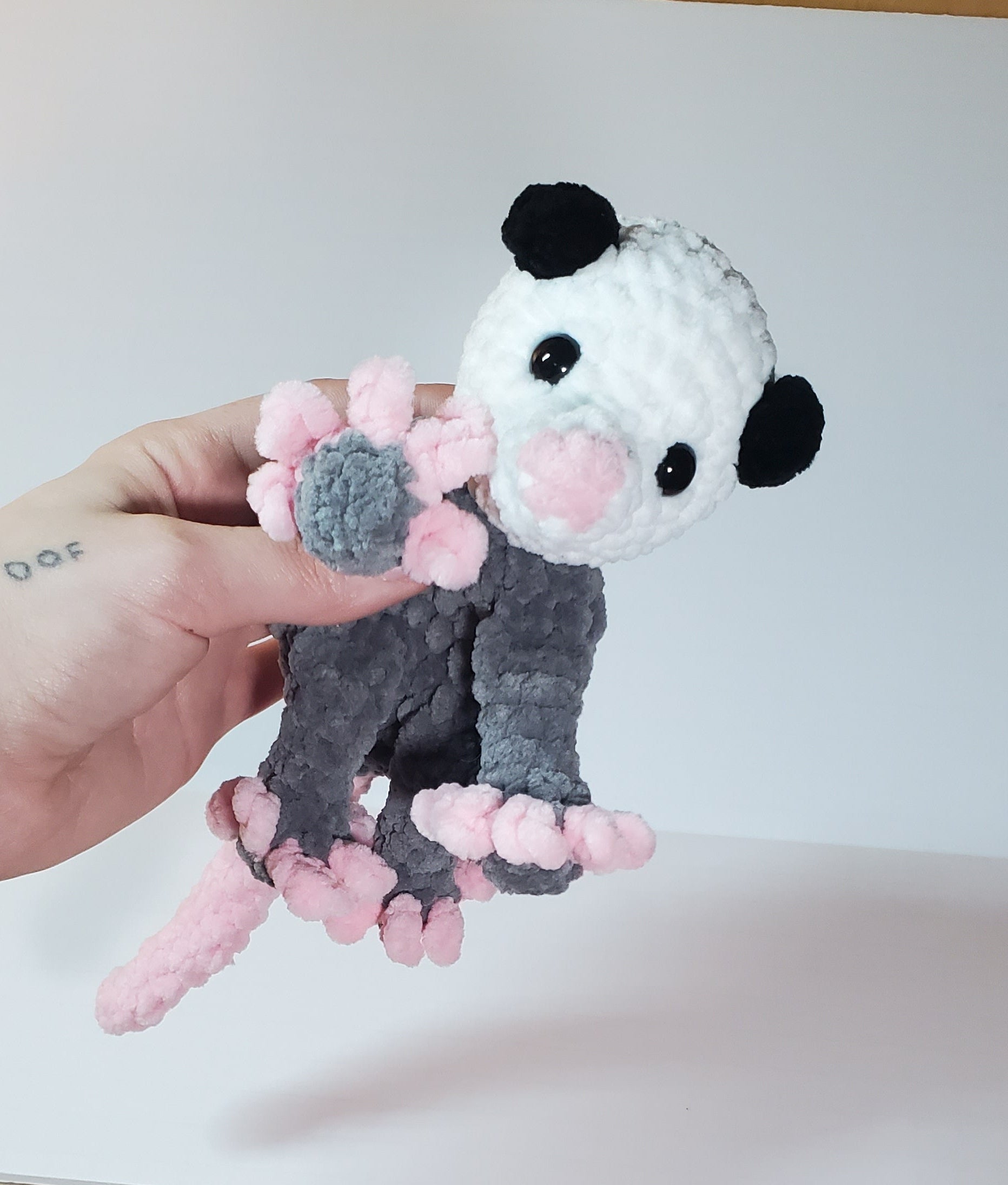 Handmade Crochet Opossum Snuggler: Soft Crochet Plushie, Polyester Chenille Yarn