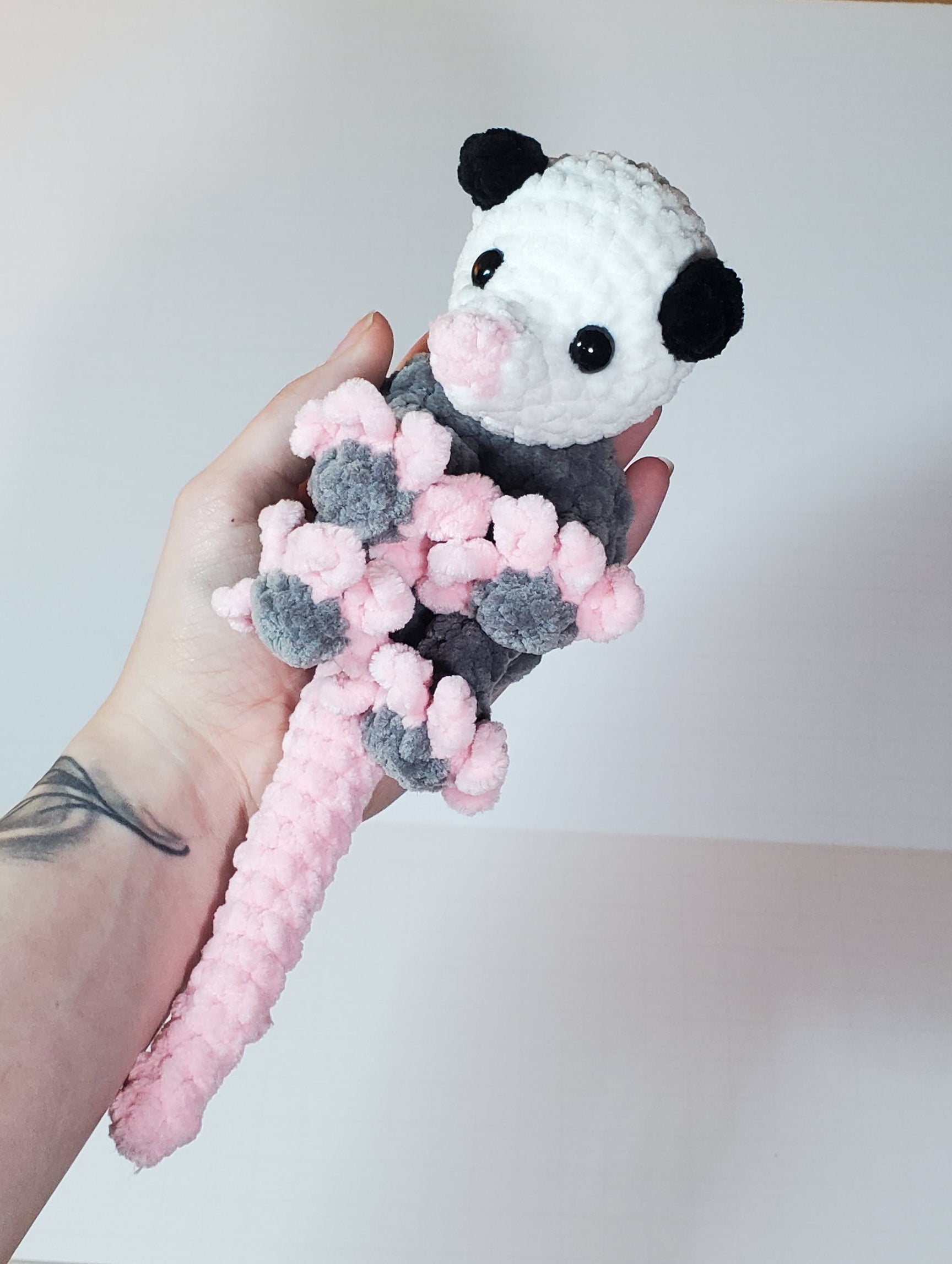 Handmade Crochet Opossum Snuggler: Soft Crochet Plushie, Polyester Chenille Yarn